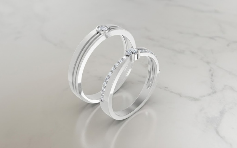 Nhẫn cưới vàng trắng A272 thiết kế thanh mảnh điểm viên đá chủ lấp lánh