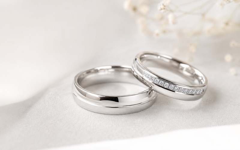 Nhẫn cưới vàng trắng 14K bản nhẫn trơn đính đá tấm lấp lánh