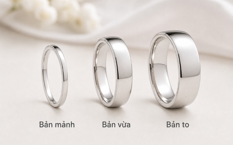 3 mẫu nhẫn cưới vàng trắng trơn bản mảnh, bản vừa và bản to