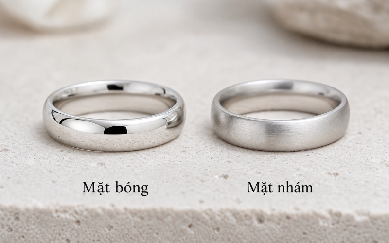 Nhẫn cưới vàng trắng trơn mặt bóng và mặt nhám