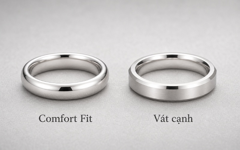 Nhẫn cưới vàng trắng trơn comfort fit và vát cạnh