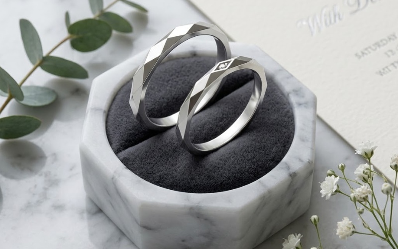 Nhẫn cưới A107 mang phong cách hiện đại với thiết kế bản nhẫn phẳng