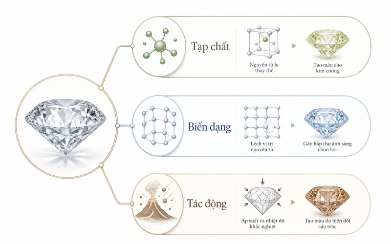 Các yếu tố dẫn đến kim cương có nhiều màu