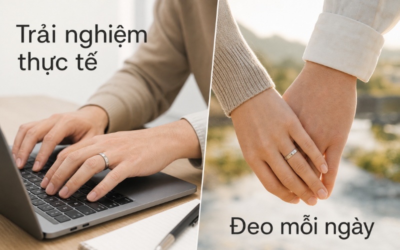 Cặp nhẫn cưới đeo trên tay trong bối cảnh sinh hoạt thường ngày như làm việc văn phòng và nắm tay ngoài trời
