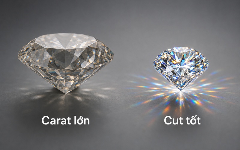 So sánh sự khác biệt về ánh sáng phản xạ giữa carat và giác cắt kim cương