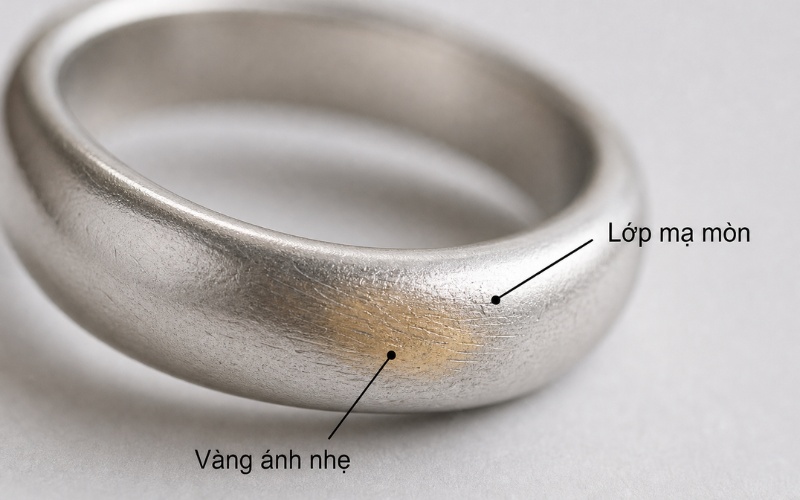 Thân nhẫn vàng trắng bị lộ ánh vàng nhẹ ở vùng cọ xát nhiều