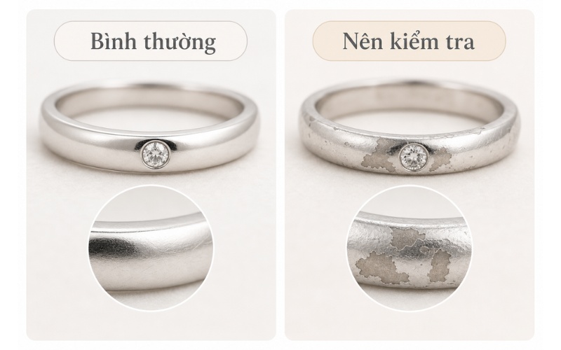 Màu sắc và tình trạng bề mặt nhẫn vàng trắng bình thường và cần kiểm tra