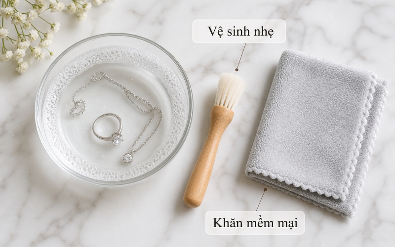 Vệ sinh trang sức vàng trắng với nước ấm, xà phòng loãng và bàn chải mềm