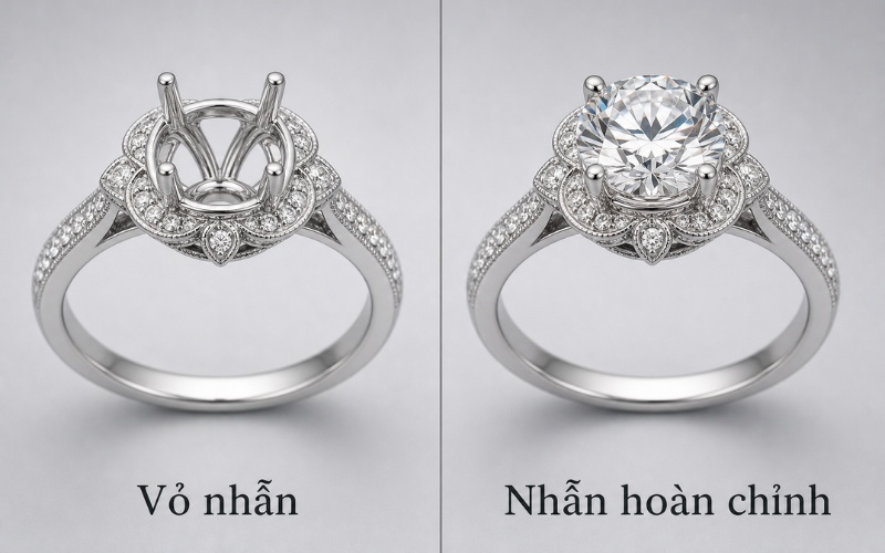 So sánh vỏ nhẫn chưa gắn đá và nhẫn gắn viên chủ hoàn chỉnh