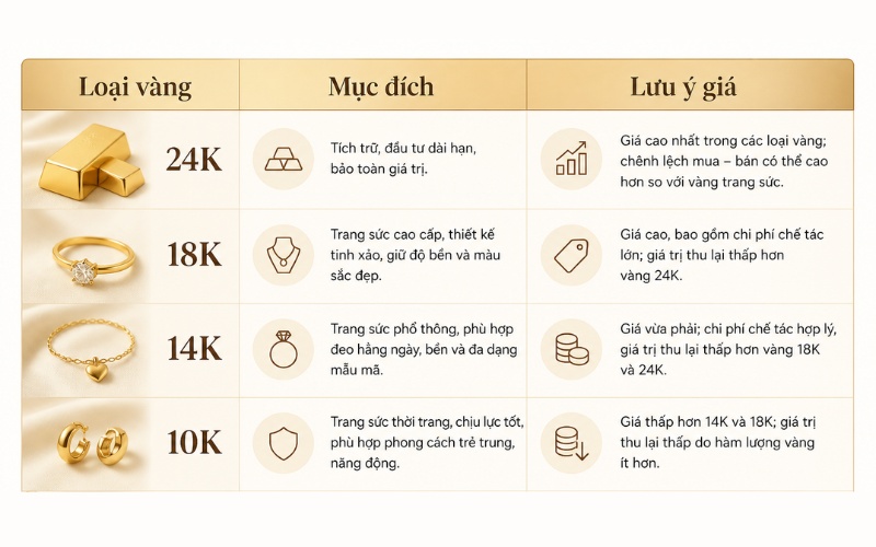 Bảng so sánh trực quan các loại vàng phổ biến