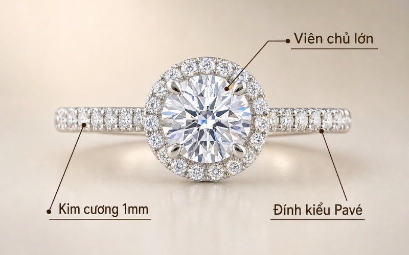 Nhẫn cầu hôn đính kim cương tấm 1 ly quanh thân nhẫn