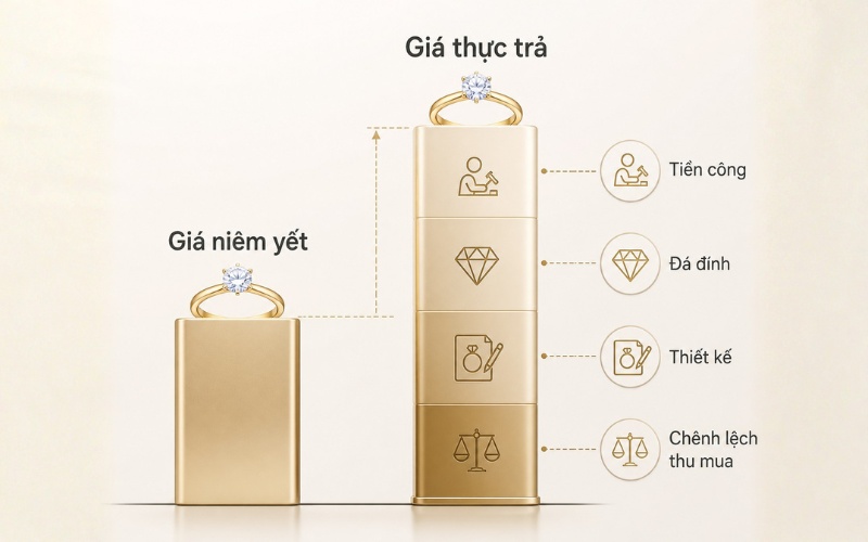 Giá vàng trang sức thường phải cộng thêm tiền công, đá đính, thiết kế