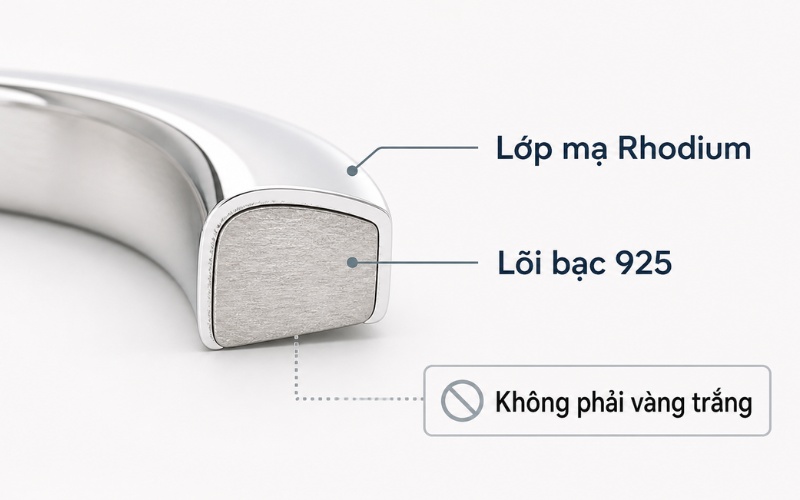 Cấu tạo bạc xi vàng trắng gồm lõi bạc 925 và lớp xi mạ trắng sáng bên ngoài