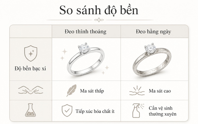 So sánh độ bền bạc xi vàng trắng khi đeo thỉnh thoảng và đeo hằng ngày