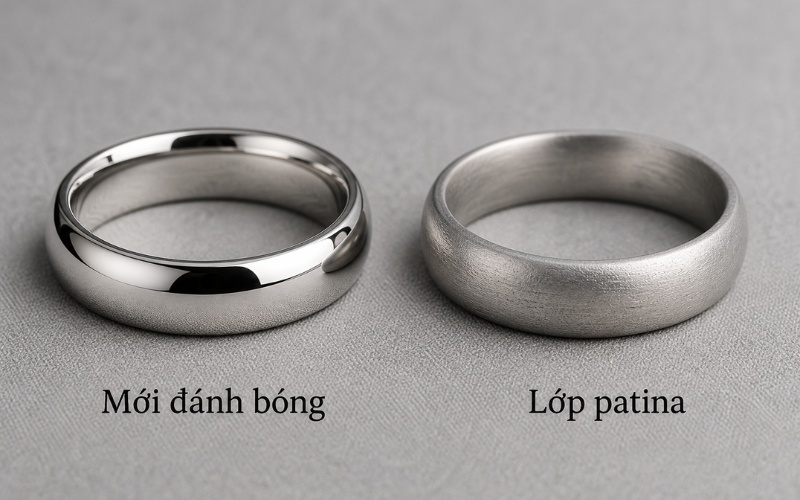 So sánh nhẫn bạch kim mới đánh bóng và nhẫn bạch kim có patina sau một thời gian đeo