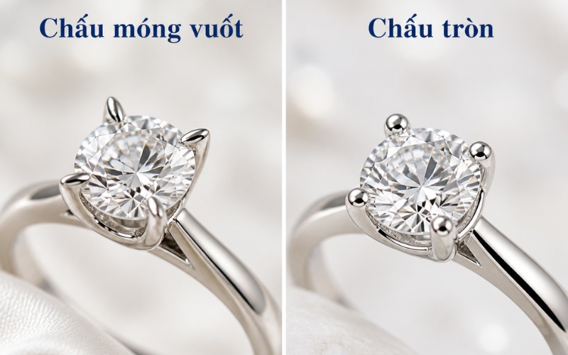 Chấu móng vuốt và chấu tròn trên nhẫn đính đá