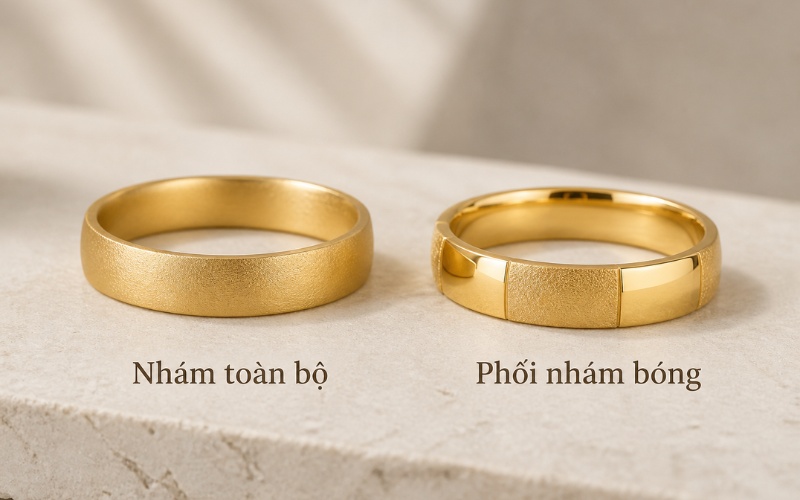 So sánh nhẫn cưới nhám toàn bộ và phối nhám bóng trên cùng kiểu dáng nhẫn