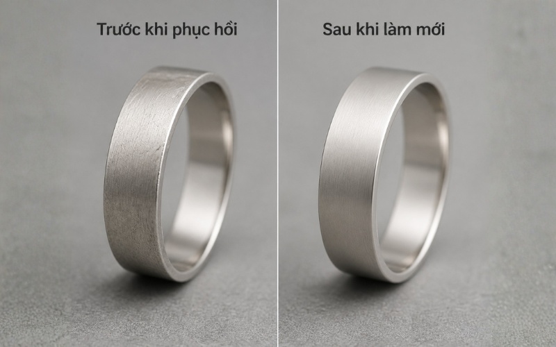 Trước và sau khi làm mới bề mặt nhẫn cưới nhám
