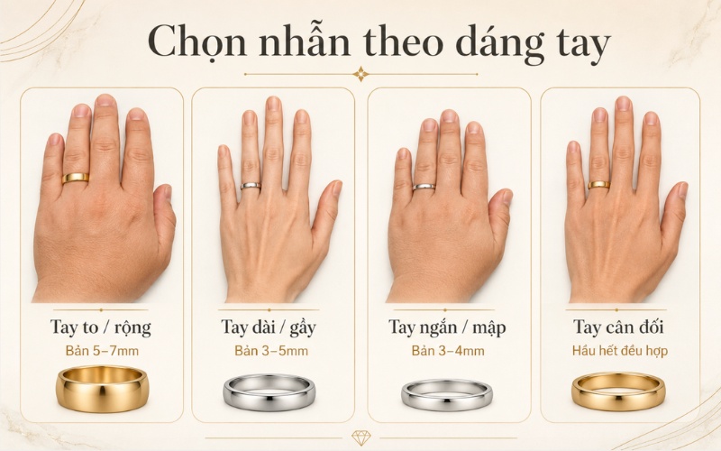 Cách chọn nhẫn theo dáng tay và bản nhẫn