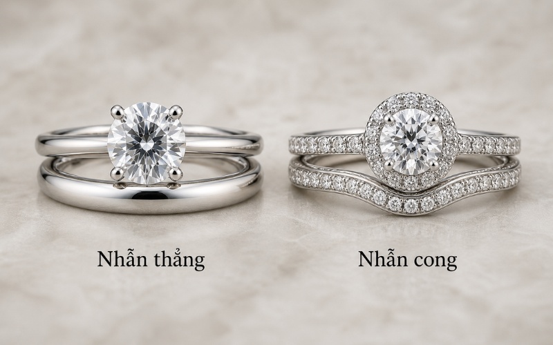 Nhẫn cưới thẳng và nhẫn cưới cong khi phối với nhẫn cầu hôn