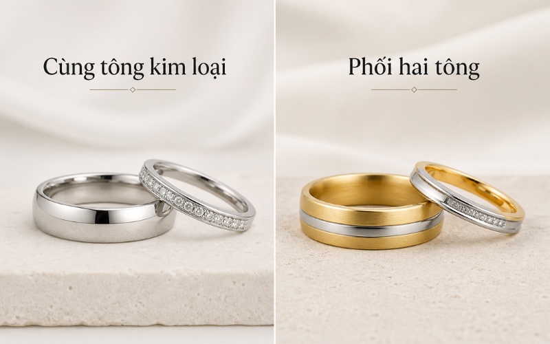 So sánh bộ nhẫn cưới cùng tông kim loại và một bộ mix 2 tông màu