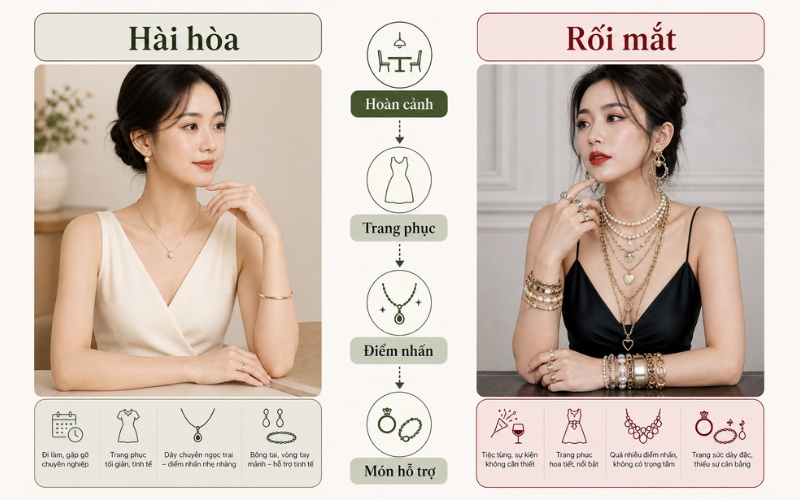 So sánh cách phối trang sức vừa đủ với cách phối quá nhiều gây rối mắt