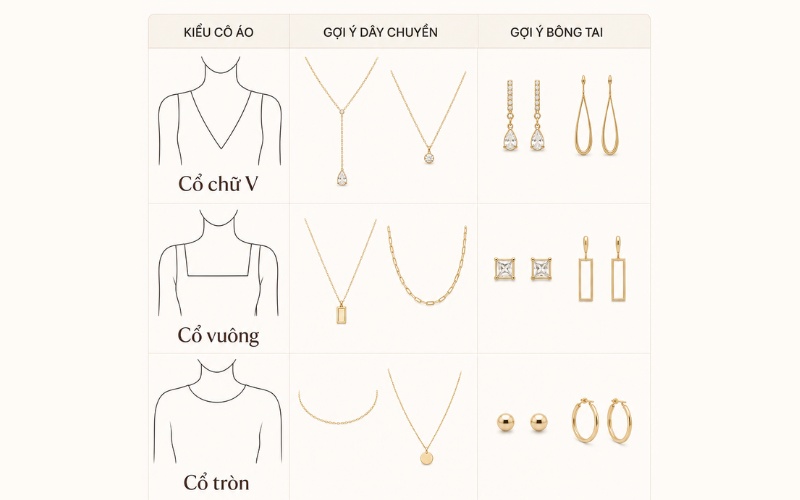 Cách chọn dây chuyền và bông tai theo cổ áo
