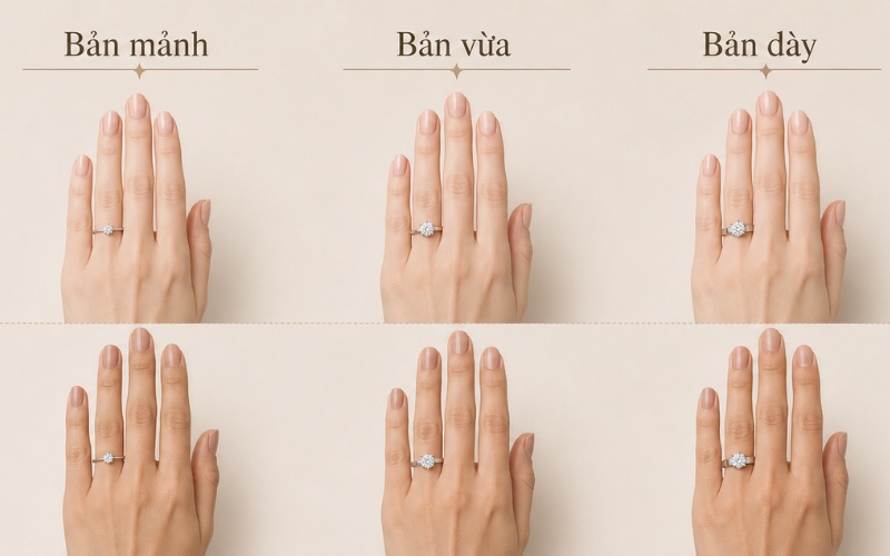 So sánh các kiểu bản nhẫn trên tay búp măng và thanh mảnh