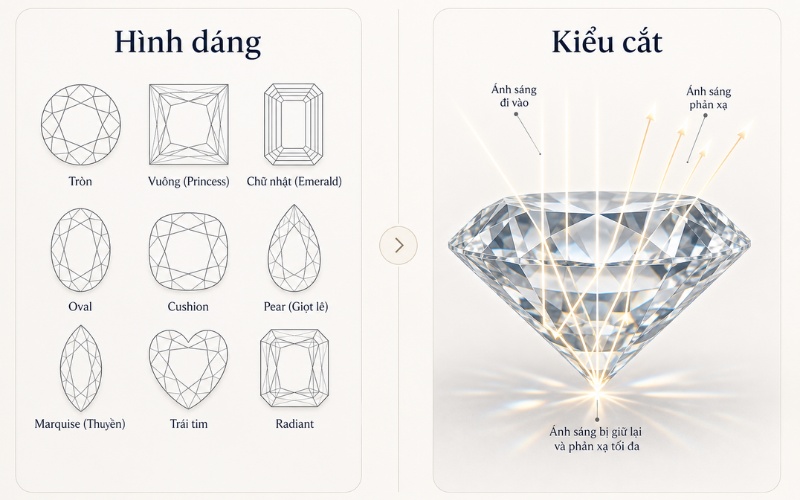 Phân biệt hình dạng kim cương và kiểu cắt kim cương