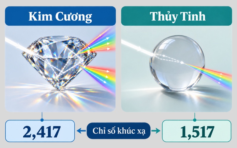 So sánh chỉ số khúc xạ giữa kim cương và thủy tinh