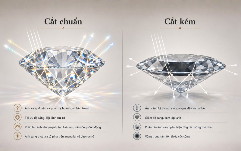 Giác cắt kim cương ảnh hưởng đến độ lấp lánh