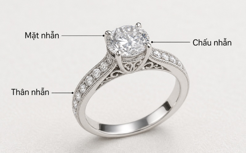 Cấu tạo nhẫn với thân nhẫn, mặt nhẫn và chấu nhẫn