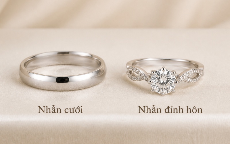 Nhẫn cưới và nhẫn đính hôn vàng trắng 18K