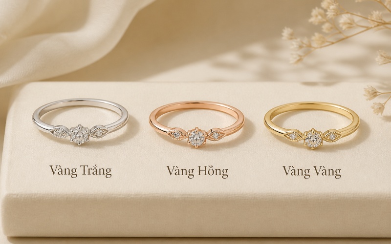 So sánh màu vàng trắng, vàng hồng và vàng vàng trên các mẫu nhẫn nữ cùng kiểu dáng