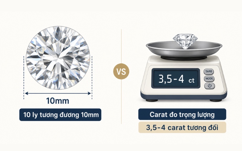10 ly chỉ đường kính bề mặt (khoảng 10 mm), trong khi carat mới là đơn vị đo trọng lượng quốc tế