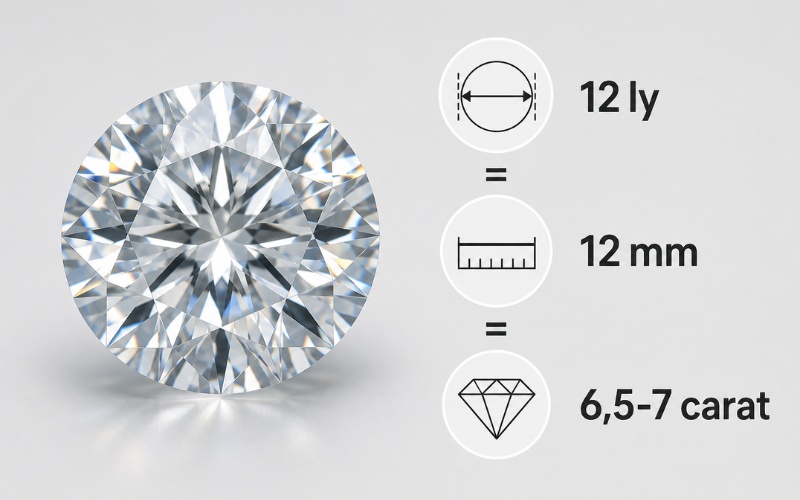 Kim cương 12 ly có trọng lượng khoảng 6.5-7 carat