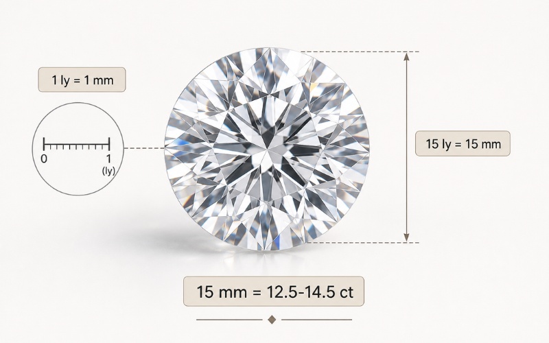 Kim cương 15 ly có trọng lượng khoảng 12.5-14.5 carat