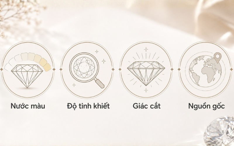 Hai viên kim cương cùng cỡ 2.5 ly vẫn có thể chênh lệch chi phí đáng kể dựa trên 4 nhóm yếu tố