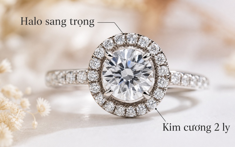 Nhẫn cưới kiểu halo với các viên kim cương 2 ly viền quanh đá chủ