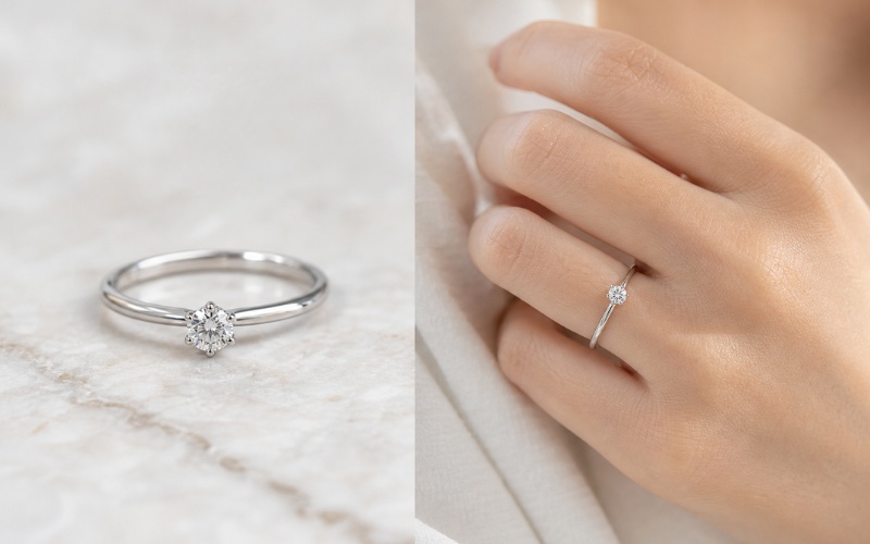 Viên kim cương 3ly6 đặt trên nhẫn thật và trên tay người đeo
