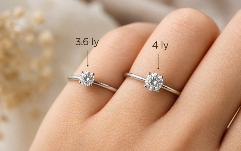 So sánh nhẫn đính kim cương 3ly6 và 4ly khi đeo trên tay
