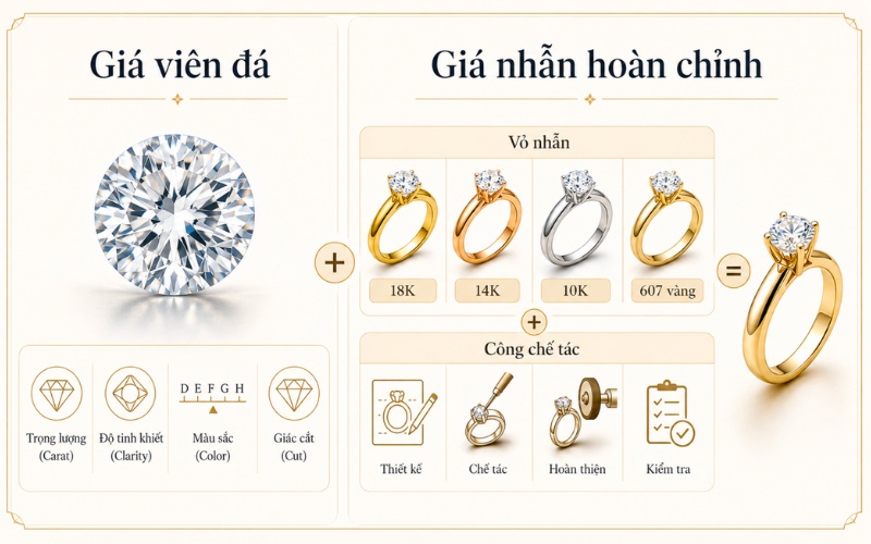 So sánh giá viên kim cương 4 ly và giá nhẫn thành phẩm