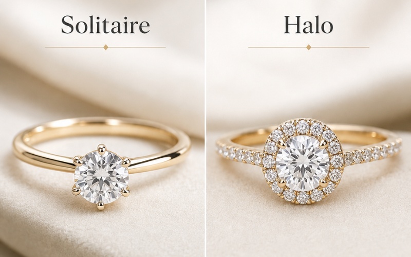 Nhẫn kim cương 4ly5 kiểu solitaire và halo
