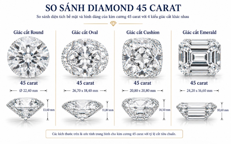 So sánh kích thước kim cương 45 carat theo các kiểu cắt phổ biến