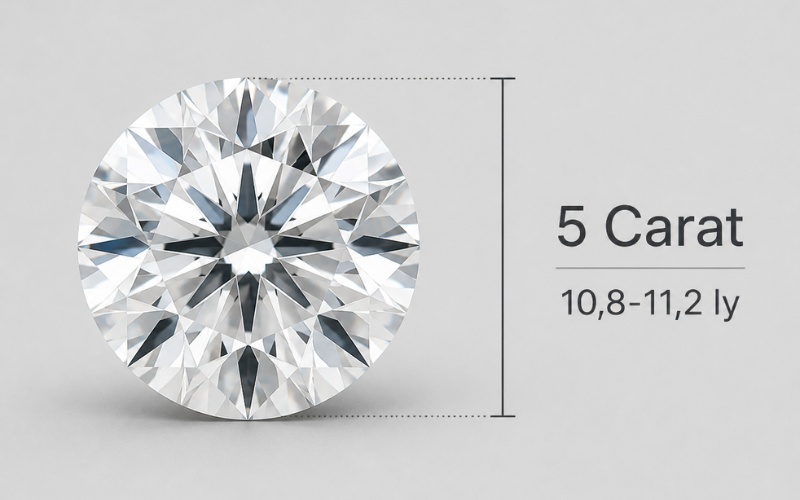 Kim cương tròn 5 carat với đường kính khoảng 10,8-11,2 ly