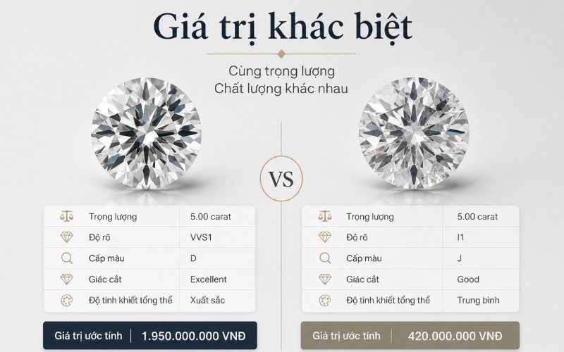 2 viên kim cương cùng 5 carat nhưng có mức giá chênh lệch nhau