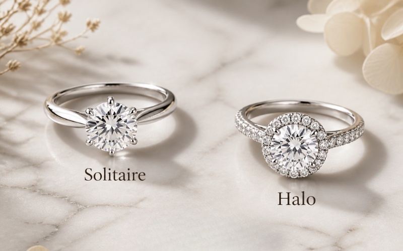 Nhẫn cầu hôn đính viên kim cương 5 carat kiểu solitaire và halo