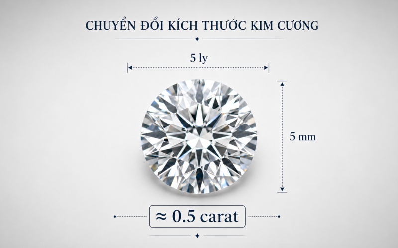 Kim cương 5 ly thường tương ứng với khoảng 0.5 carat