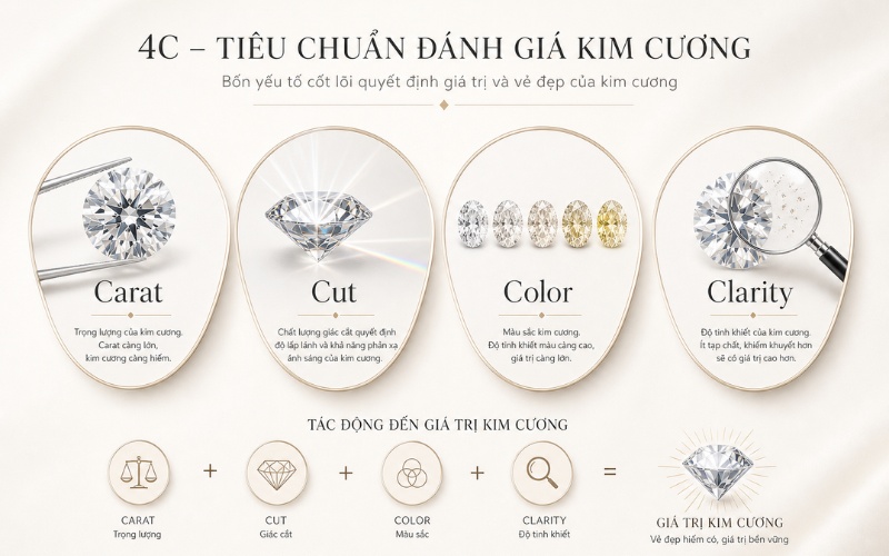 Tiêu chuẩn 4C ảnh hưởng đến giá kim cương 6 ly