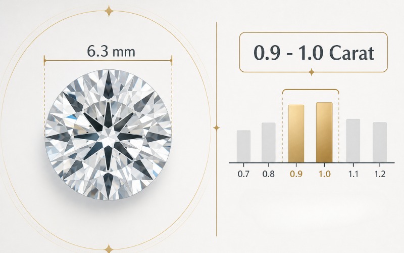Kim cương 6 ly 3 có trọng lượng xấp xỉ 0,9 đến 1,0 carat